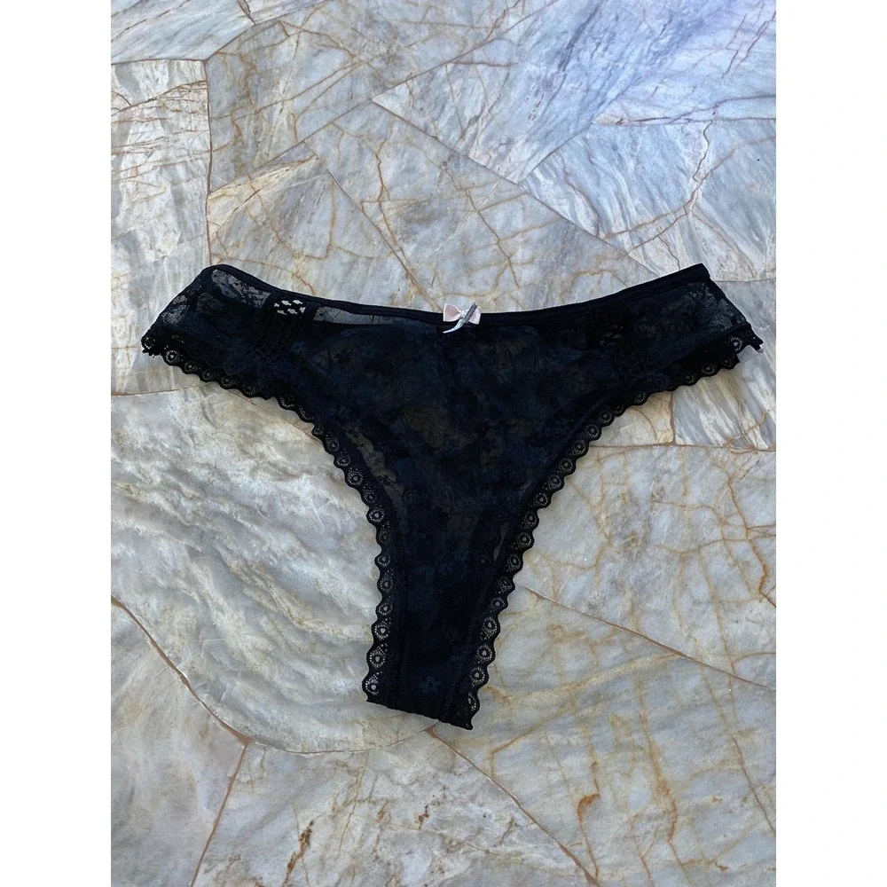 Black Floral Sheer Lace Thong Scalloped Eyelash Trim Pink Bow Low Rise Lingerie